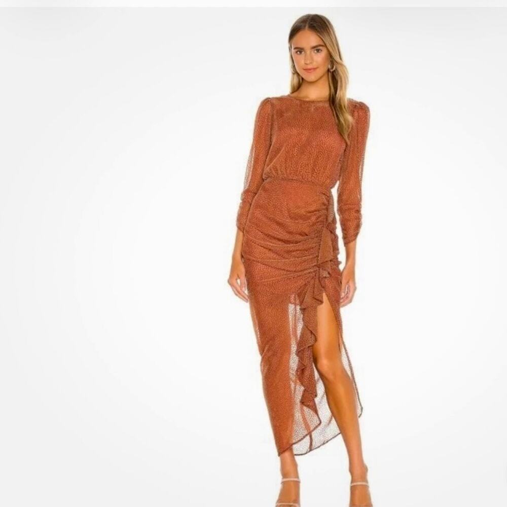 ASTR the Label Samara Ruffle Midi Dress Ginger Brown Polka Dot Size XS